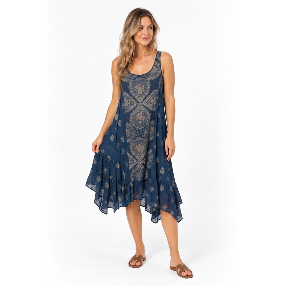Free People Slip Dress Womens XS Blue Excellent Boho Paisley Trapeze Mini